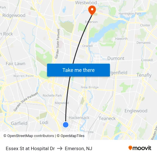Essex St at Hospital Dr to Emerson, NJ map