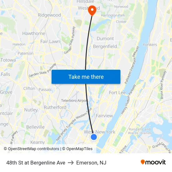 48th St at Bergenline Ave to Emerson, NJ map
