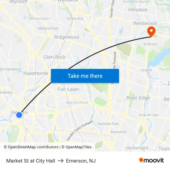 Market St at City Hall to Emerson, NJ map