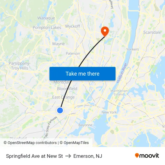 Springfield Ave at New St to Emerson, NJ map