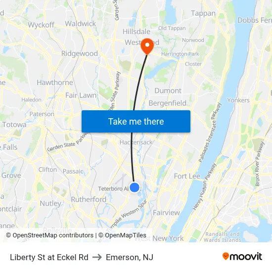 Liberty St at Eckel Rd to Emerson, NJ map