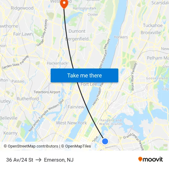 36 Av/24 St to Emerson, NJ map