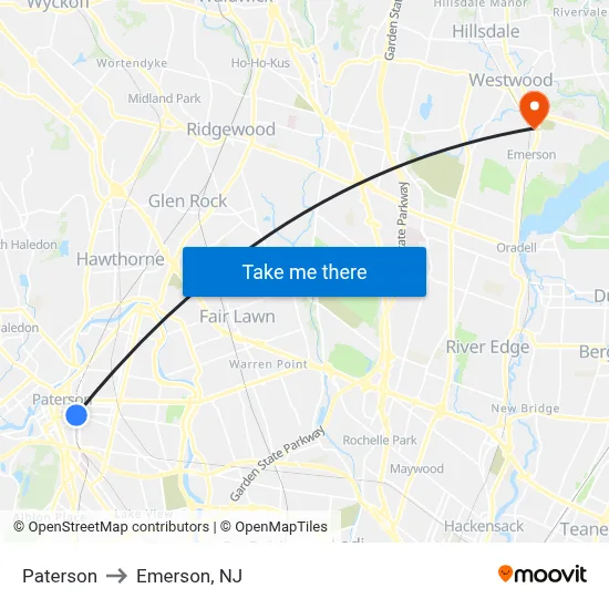 Paterson to Emerson, NJ map