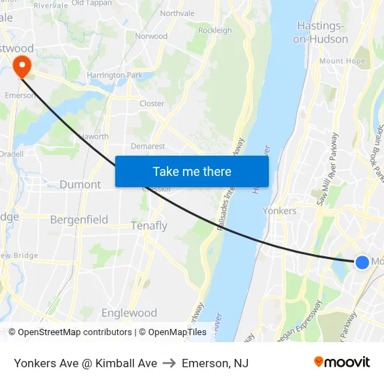 Yonkers Ave @ Kimball Ave to Emerson, NJ map