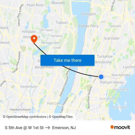 S 5th Ave @ W 1st St to Emerson, NJ map