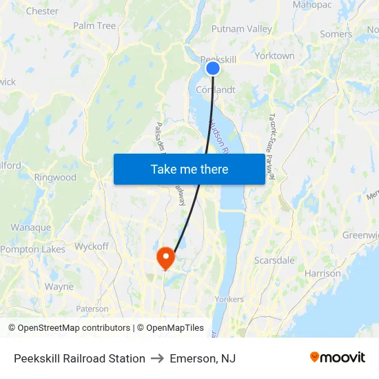 Peekskill Railroad Station to Emerson, NJ map