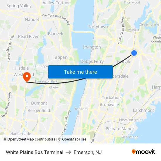 White Plains Bus Terminal to Emerson, NJ map