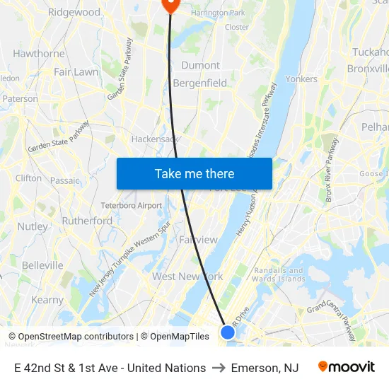 E 42nd St & 1st Ave - United Nations to Emerson, NJ map