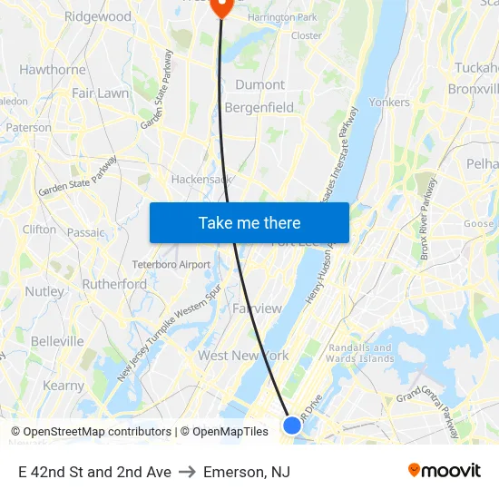 E 42nd St and 2nd Ave to Emerson, NJ map