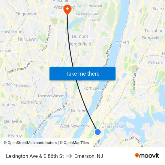 Lexington Ave & E 86th St to Emerson, NJ map