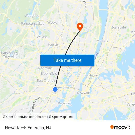 Newark to Emerson, NJ map