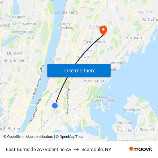 East Burnside Av/Valentine Av to Scarsdale, NY map