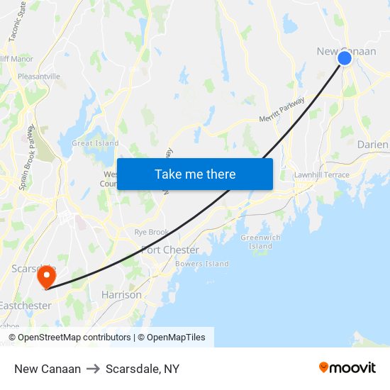 New Canaan to Scarsdale, NY map