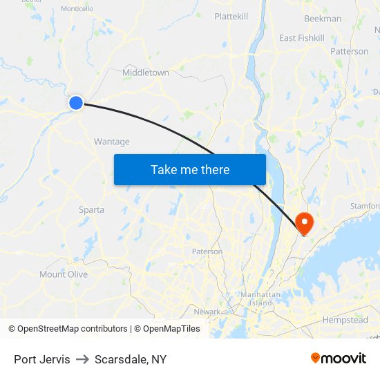 Port Jervis to Scarsdale, NY map