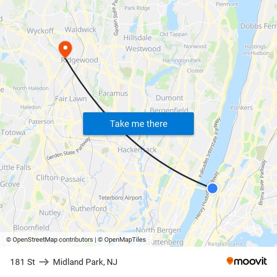 181 St to Midland Park, NJ map