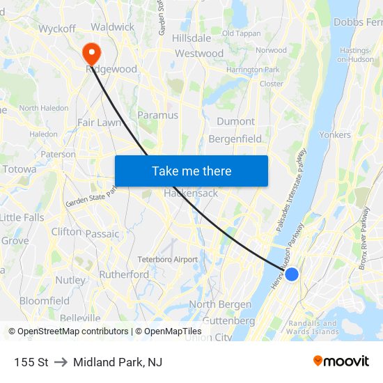 155 St to Midland Park, NJ map