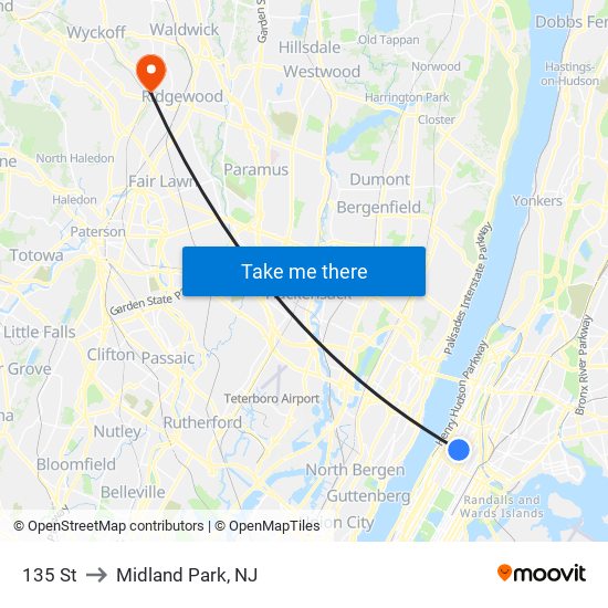 135 St to Midland Park, NJ map