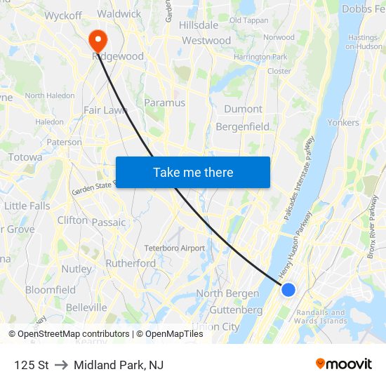 125 St to Midland Park, NJ map