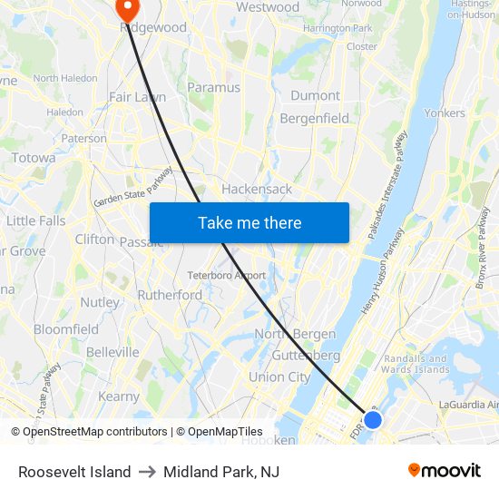 Roosevelt Island to Midland Park, NJ map