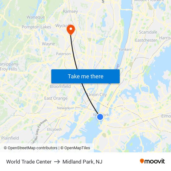 World Trade Center to Midland Park, NJ map