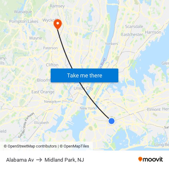 Alabama Av to Midland Park, NJ map