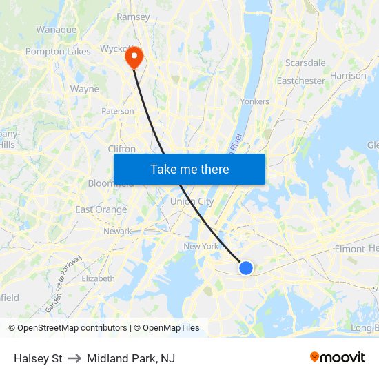 Halsey St to Midland Park, NJ map