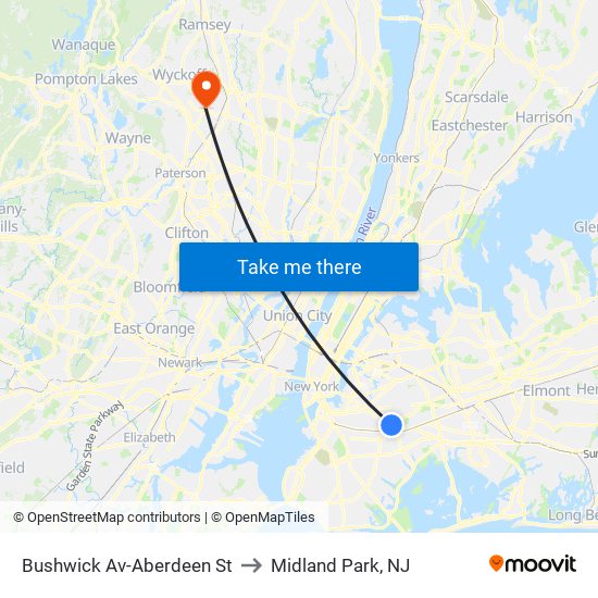 Bushwick Av-Aberdeen St to Midland Park, NJ map