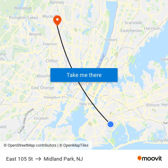 East 105 St to Midland Park, NJ map