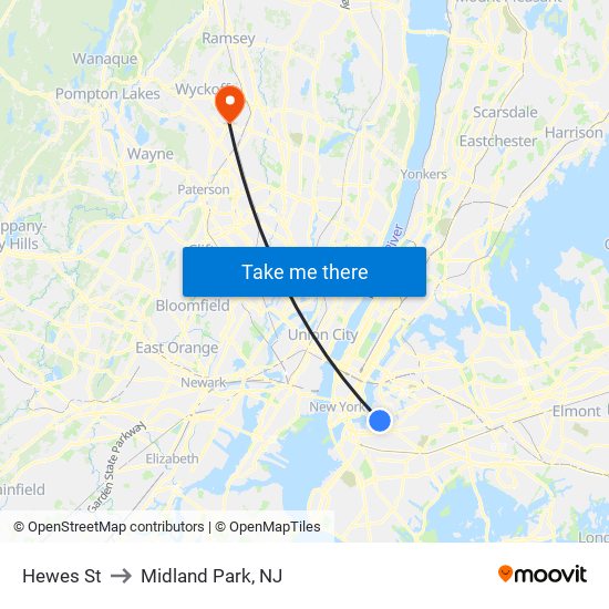 Hewes St to Midland Park, NJ map
