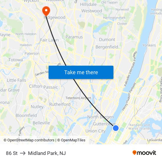 86 St to Midland Park, NJ map