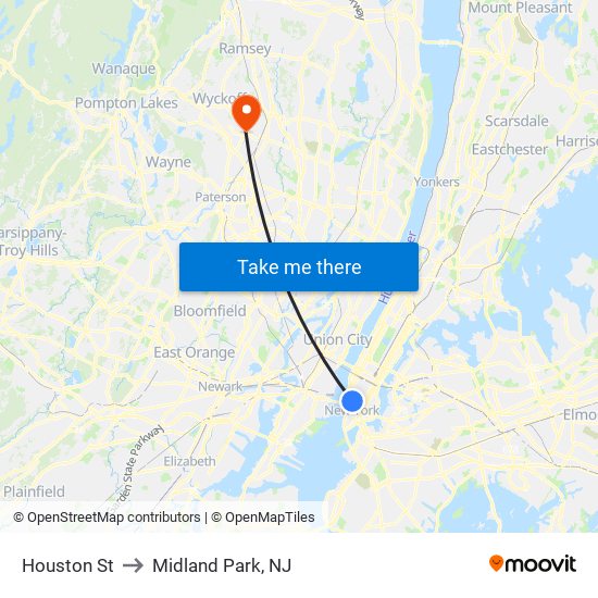 Houston St to Midland Park, NJ map