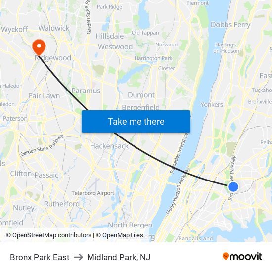 Bronx Park East to Midland Park, NJ map