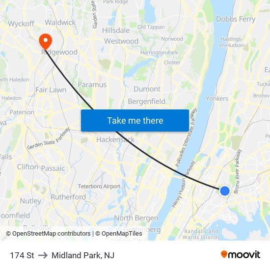 174 St to Midland Park, NJ map