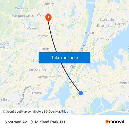 Nostrand Av to Midland Park, NJ map