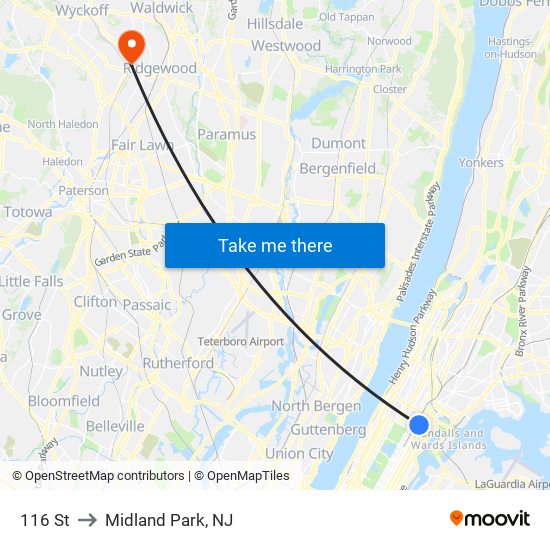 116 St to Midland Park, NJ map