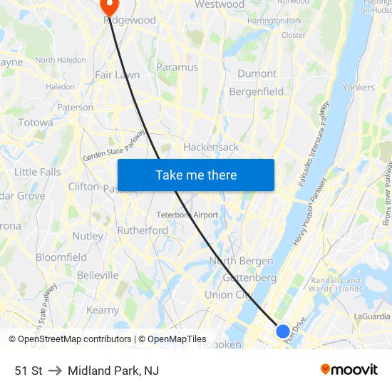 51 St to Midland Park, NJ map