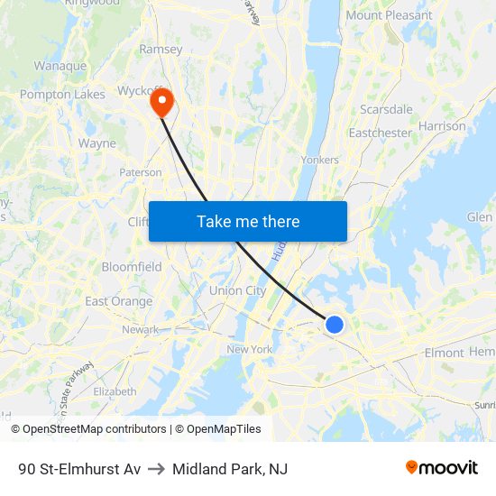 90 St-Elmhurst Av to Midland Park, NJ map