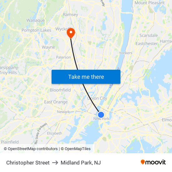 Christopher Street to Midland Park, NJ map