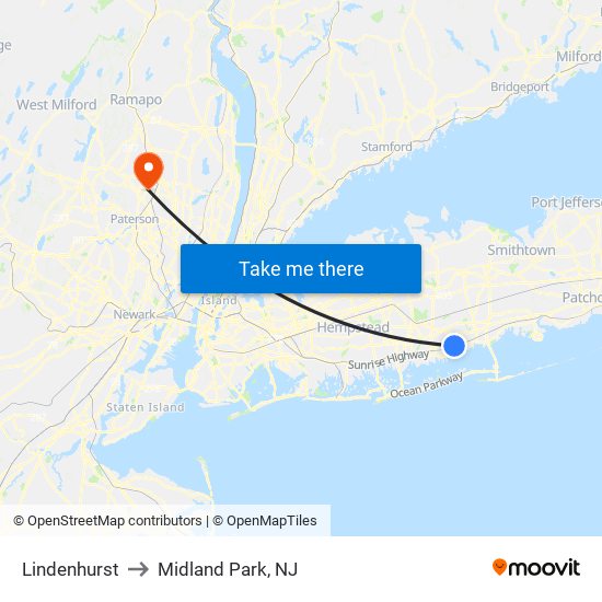 Lindenhurst to Midland Park, NJ map