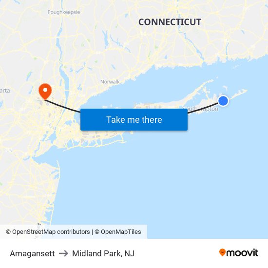Amagansett to Midland Park, NJ map