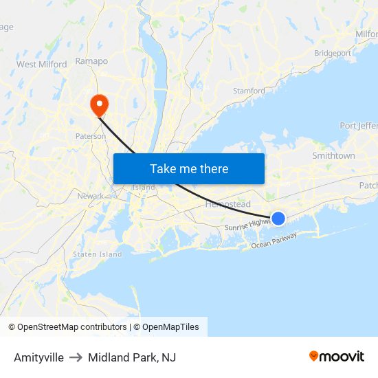 Amityville to Midland Park, NJ map