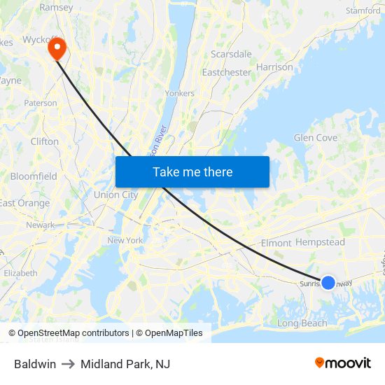 Baldwin to Midland Park, NJ map