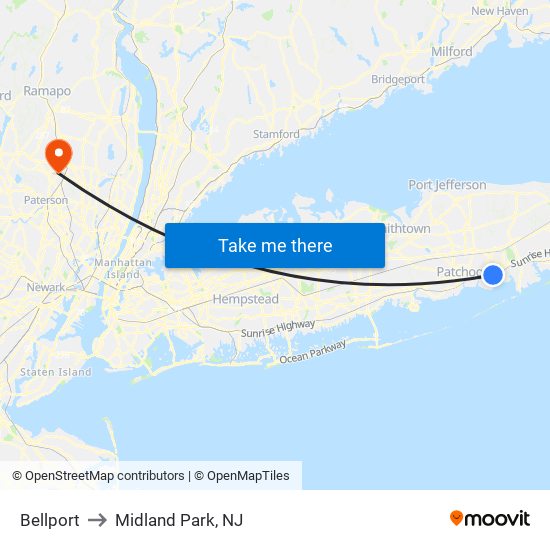 Bellport to Midland Park, NJ map