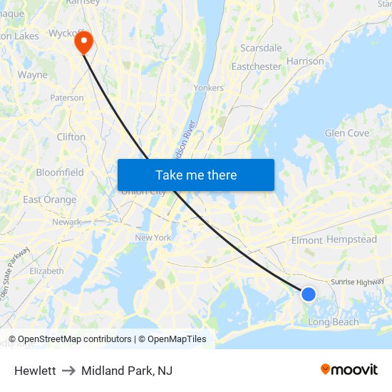 Hewlett to Midland Park, NJ map