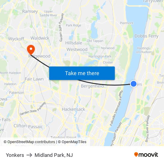 Yonkers to Midland Park, NJ map