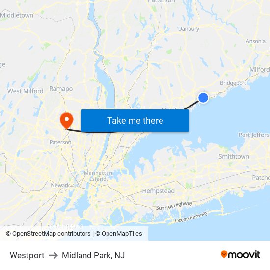 Westport to Midland Park, NJ map