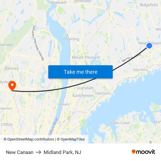 New Canaan to Midland Park, NJ map