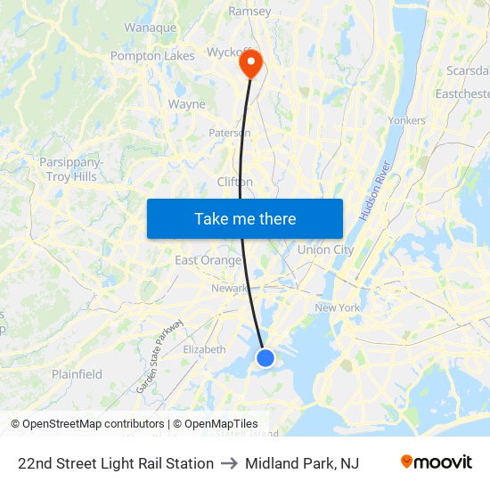22nd Street Light Rail Station to Midland Park, NJ map