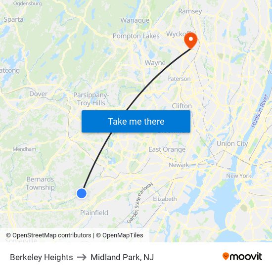 Berkeley Heights to Midland Park, NJ map