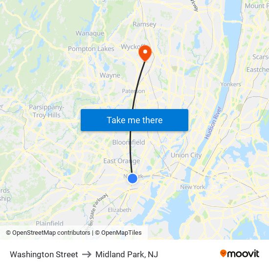 Washington Street to Midland Park, NJ map